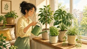 Comic-Illustration: helle Wohnung im Morgenlicht, eine lächelnde Frau gießt mit einer grünen Gießkanne Zimmerpflanzen auf der Fensterbank