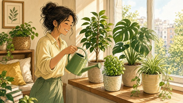 Comic-Illustration: helle Wohnung im Morgenlicht, eine lächelnde Frau gießt mit einer grünen Gießkanne Zimmerpflanzen auf der Fensterbank
