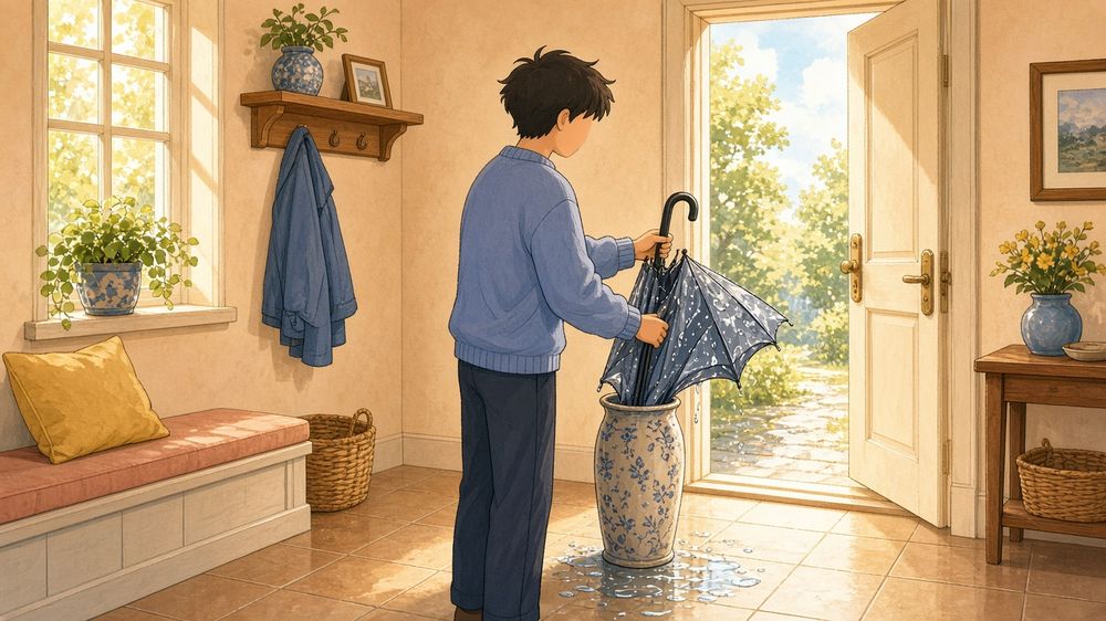 Comic: Mann stellt nassen Regenschirm in einen Schirmständer in heller Diele