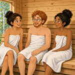 Comic-Illustration: helle finnische Holzsauna am See, drei lächelnde Freunde in weißen Handtüchern plaudern auf der Saunabank, draußen Birken und blauer Himmel