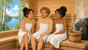 Comic-Illustration: helle finnische Holzsauna am See, drei lächelnde Freunde in weißen Handtüchern plaudern auf der Saunabank, draußen Birken und blauer Himmel