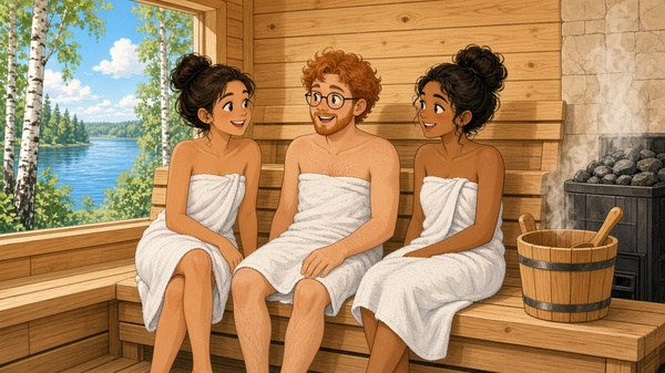 Comic-Illustration: helle finnische Holzsauna am See, drei lächelnde Freunde in weißen Handtüchern plaudern auf der Saunabank, draußen Birken und blauer Himmel