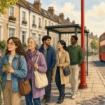 Comic-Illustration: sonnige Londoner Straße, Menschen warten freundlich in einer ordentlichen Reihe an einer Bushaltestelle, ein roter Doppeldeckerbus nähert sich, helles Tageslicht
