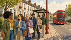 Comic-Illustration: sonnige Londoner Straße, Menschen warten freundlich in einer ordentlichen Reihe an einer Bushaltestelle, ein roter Doppeldeckerbus nähert sich, helles Tageslicht