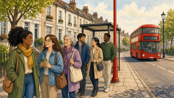 Comic-Illustration: sonnige Londoner Straße, Menschen warten freundlich in einer ordentlichen Reihe an einer Bushaltestelle, ein roter Doppeldeckerbus nähert sich, helles Tageslicht