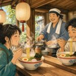 Comic-Illustration: helle japanische Nudelbar am Mittag, eine Reisende und ein Einheimischer schlürfen fröhlich Ramen, der Koch lacht hinter dem Tresen