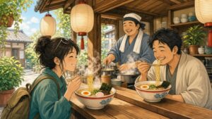 Comic-Illustration: helle japanische Nudelbar am Mittag, eine Reisende und ein Einheimischer schlürfen fröhlich Ramen, der Koch lacht hinter dem Tresen