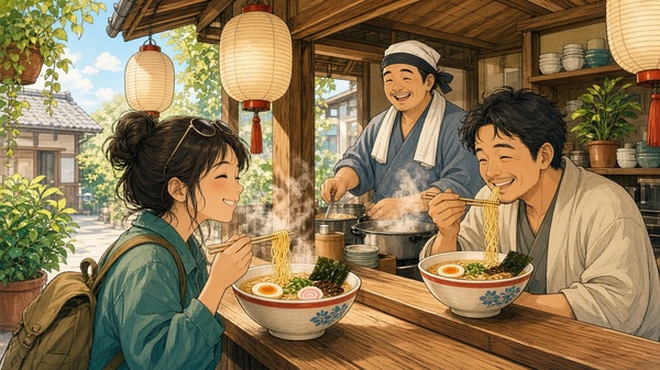 Comic-Illustration: helle japanische Nudelbar am Mittag, eine Reisende und ein Einheimischer schlürfen fröhlich Ramen, der Koch lacht hinter dem Tresen