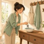 Comic-Illustration: helle Diele im Tageslicht, eine lächelnde Frau legt ihren Schlüsselbund in eine Keramikschale auf einer Holzkommode
