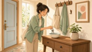 Comic-Illustration: helle Diele im Tageslicht, eine lächelnde Frau legt ihren Schlüsselbund in eine Keramikschale auf einer Holzkommode