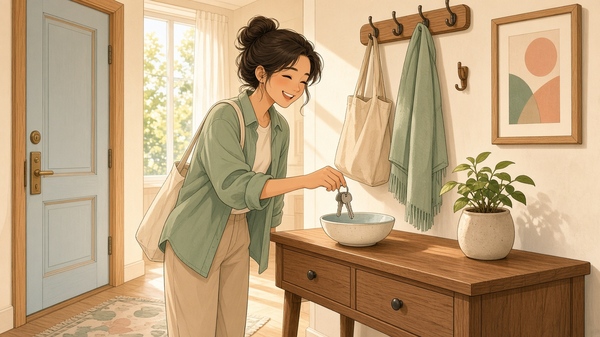 Comic-Illustration: helle Diele im Tageslicht, eine lächelnde Frau legt ihren Schlüsselbund in eine Keramikschale auf einer Holzkommode