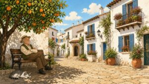 Comic-Illustration: sonnige spanische Altstadtgasse mit weißen Häusern und blauen Fensterläden, ein älterer Herr döst auf einer Bank unter einem Orangenbaum