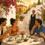 Comic-Illustration: sonnige spanische Restaurantterrasse, vier Freunde sitzen lachend nach dem Essen am Tisch, Espressotassen, Bougainvillea, freundlicher Kellner im Hintergrund