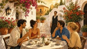 Comic-Illustration: sonnige spanische Restaurantterrasse, vier Freunde sitzen lachend nach dem Essen am Tisch, Espressotassen, Bougainvillea, freundlicher Kellner im Hintergrund