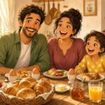 Comic-Illustration: sonnige Küche am Sonntagmorgen, eine fröhliche Familie sitzt lachend am Frühstückstisch mit Brötchen, Eiern, Marmelade und gelben Blumen