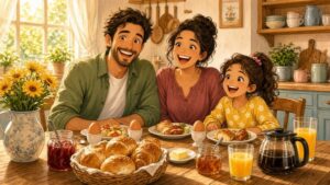 Comic-Illustration: sonnige Küche am Sonntagmorgen, eine fröhliche Familie sitzt lachend am Frühstückstisch mit Brötchen, Eiern, Marmelade und gelben Blumen