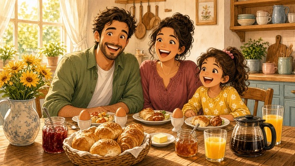 Comic-Illustration: sonnige Küche am Sonntagmorgen, eine fröhliche Familie sitzt lachend am Frühstückstisch mit Brötchen, Eiern, Marmelade und gelben Blumen