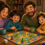 Comic-Illustration: fröhliche Familie spielt am Freitagabend ein buntes Brettspiel am Wohnzimmertisch, mit Popcorn und Teetassen