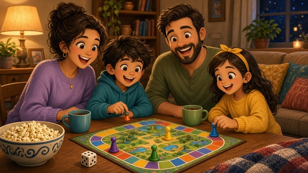 Comic-Illustration: fröhliche Familie spielt am Freitagabend ein buntes Brettspiel am Wohnzimmertisch, mit Popcorn und Teetassen