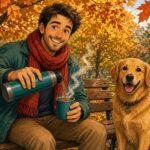 Comic-Illustration: lächelnder Mann mit rotem Schal gießt auf einer Parkbank Tee aus einer Thermoskanne, daneben ein fröhlicher Golden Retriever, goldenes Herbstlaub
