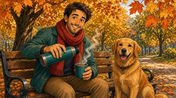 Comic-Illustration: lächelnder Mann mit rotem Schal gießt auf einer Parkbank Tee aus einer Thermoskanne, daneben ein fröhlicher Golden Retriever, goldenes Herbstlaub