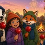 Comic-Illustration: fröhliche Comicfiguren mit roten Karamelläpfeln vor einem Freudenfeuer und Feuerwerk in einem englischen Dorf