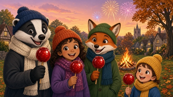 Comic-Illustration: fröhliche Comicfiguren mit roten Karamelläpfeln vor einem Freudenfeuer und Feuerwerk in einem englischen Dorf