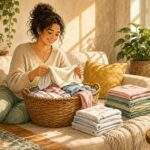 Comic-Illustration: helles Wohnzimmer im Vormittagslicht, eine Frau faltet entspannt Handtücher und T-Shirts aus einem Wäschekorb auf dem Sofa, ordentliche Stapel, Pflanzen und Sonnenstrahlen