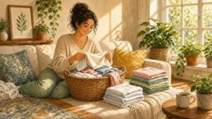 Comic-Illustration: helles Wohnzimmer im Vormittagslicht, eine Frau faltet entspannt Handtücher und T-Shirts aus einem Wäschekorb auf dem Sofa, ordentliche Stapel, Pflanzen und Sonnenstrahlen