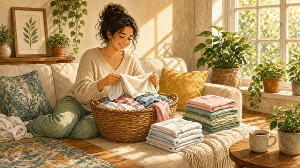 Comic-Illustration: helles Wohnzimmer im Vormittagslicht, eine Frau faltet entspannt Handtücher und T-Shirts aus einem Wäschekorb auf dem Sofa, ordentliche Stapel, Pflanzen und Sonnenstrahlen