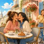 Comic-Illustration: sonnige französische Caféterrasse mit Geranien, zwei lachende Freundinnen begrüßen sich mit Wangenkuss, eine dritte winkt fröhlich