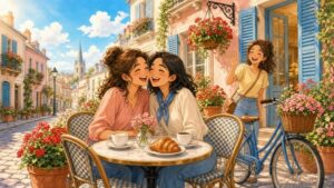 Comic-Illustration: sonnige französische Caféterrasse mit Geranien, zwei lachende Freundinnen begrüßen sich mit Wangenkuss, eine dritte winkt fröhlich