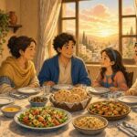 Comic-Illustration: warmer Esstisch, an dem freundlich gemeinsam gewartet wird