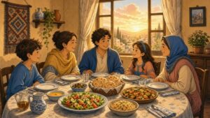Comic-Illustration: warmer Esstisch, an dem freundlich gemeinsam gewartet wird