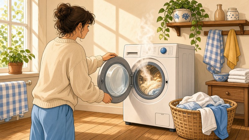 Comic-Illustration: helle Waschküche mit freundlicher Pause am offenen Waschgerät