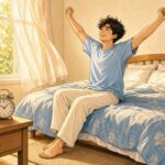 Comic-Illustration: sonniges Schlafzimmer am Morgen, ein lächelnder junger Mann streckt sich auf der Bettkante, daneben ein runder Wecker und eine Tasse Tee