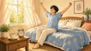 Comic-Illustration: sonniges Schlafzimmer am Morgen, ein lächelnder junger Mann streckt sich auf der Bettkante, daneben ein runder Wecker und eine Tasse Tee