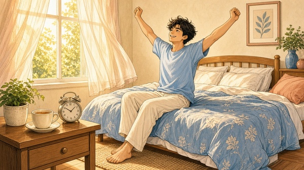 Comic-Illustration: sonniges Schlafzimmer am Morgen, ein lächelnder junger Mann streckt sich auf der Bettkante, daneben ein runder Wecker und eine Tasse Tee