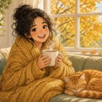 Comic-Illustration: lachende junge Frau in senfgelber Strickdecke mit Teetasse auf dem Sofa, daneben eine schlafende rote Katze, goldenes Herbstlaub vor dem Fenster