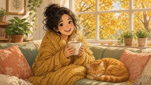 Comic-Illustration: lachende junge Frau in senfgelber Strickdecke mit Teetasse auf dem Sofa, daneben eine schlafende rote Katze, goldenes Herbstlaub vor dem Fenster