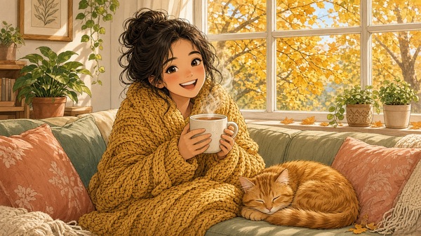 Comic-Illustration: lachende junge Frau in senfgelber Strickdecke mit Teetasse auf dem Sofa, daneben eine schlafende rote Katze, goldenes Herbstlaub vor dem Fenster