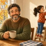 Comic-Illustration: lächelnder Vater mit Kaffeetasse am sonnigen Küchentisch, seine Tochter stellt auf einem Hocker die Wanduhr zurück