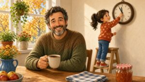 Comic-Illustration: lächelnder Vater mit Kaffeetasse am sonnigen Küchentisch, seine Tochter stellt auf einem Hocker die Wanduhr zurück