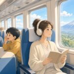 Comic-Illustration: heller Waggon eines japanischen Schnellzugs, Reisende lesen ruhig, draußen ein sonniger Blick auf einen schneebedeckten Berg