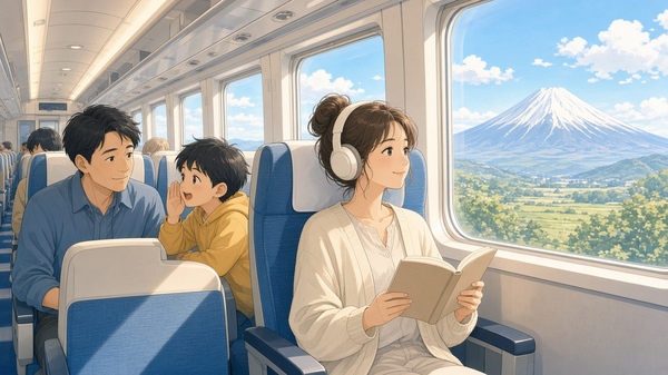 Comic-Illustration: heller Waggon eines japanischen Schnellzugs, Reisende lesen ruhig, draußen ein sonniger Blick auf einen schneebedeckten Berg